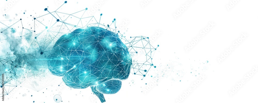 Poster abstract cyan brain with digital connections on a white background. symbolizes ai and neural technol