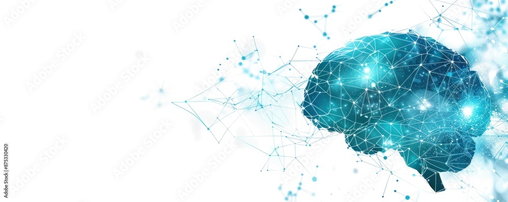Poster digital cyan brain with neural connections on a white backdrop. ideal for ai and technology presenta