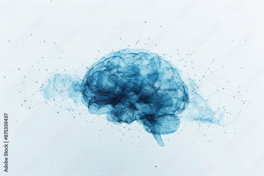 Poster abstract digital cyan brain with connections on a white backdrop. symbolizing ai and neural network 