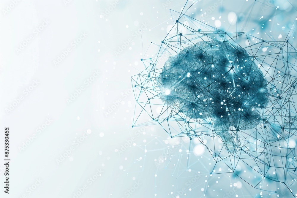 Poster digital illustration of a cyan brain with neural connections on white background. ideal for ai conce