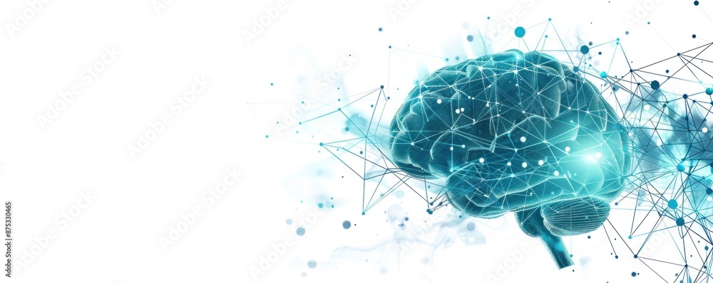 Poster cyan digital brain with neural connections on a white background. perfect for artificial intelligenc