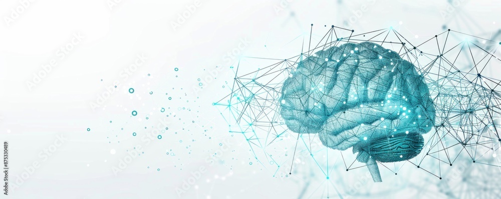 Poster abstract digital cyan brain with intricate connections on a white background. symbolizing artificial