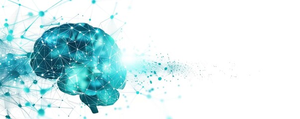 Cyan brain with digital neural connections on a white background. Perfect for AI technology presentations, educational tools, and modern tech designs