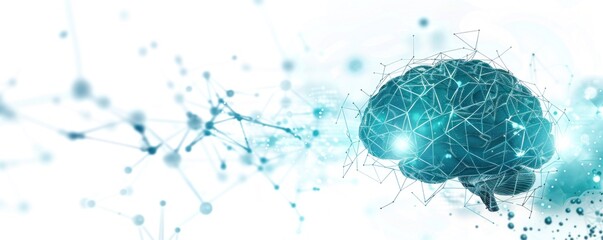 Cyan brain illustration with digital connections on a white background. Perfect for artificial intelligence visuals, neural network graphics, and tech industry promotions