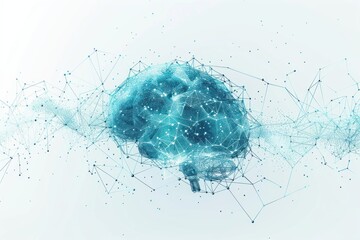 Cyan brain with digital connections on a white background. Represents AI and neural networks, perfect for tech industry ads, educational tools, and modern design projects