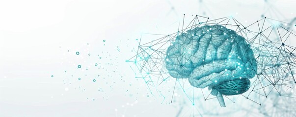 Abstract digital cyan brain with intricate connections on a white background. Symbolizing artificial intelligence and neural network technology, perfect for tech and AI-related visuals