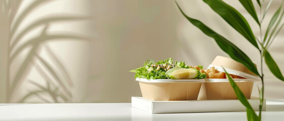 Two paper food containers filled with fresh, healthy salads in a minimalistic setting, accompanied by green plant shadows.