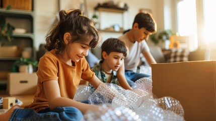 Family unpacking boxes, kids playing with bubble wrap