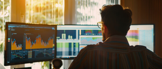 A person intensely focuses on multiple screens displaying complex financial graphs and data, bathed in warm, late-afternoon light.