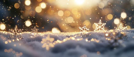 Naklejka premium Festive string of golden snowflakes sparkling on a snowblanket under a golden, sunset glow, evoking holiday cheer.