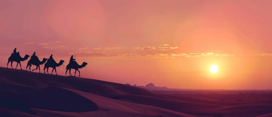 Silhouetted camel caravan crossing dunes at sunset, with a glowing orange and pink sky, evoking a sense of adventure in the tranquil desert landscape.