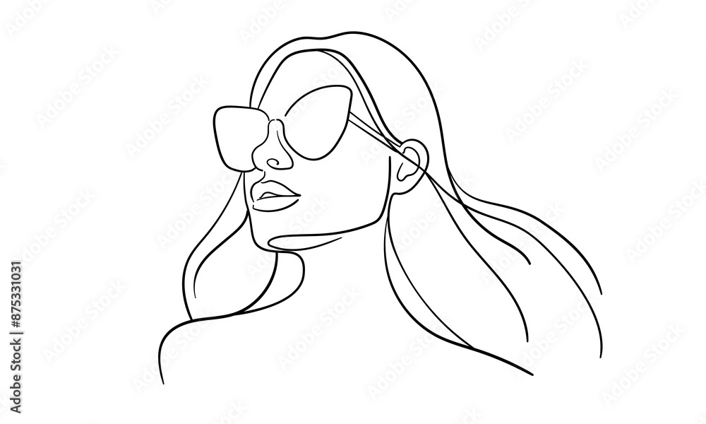 Wall mural girl in glasses continuous line art drawing isolated on white background. vector illustration