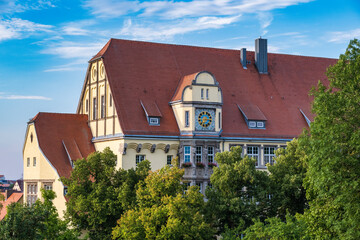 View of a historic school in Rothenburg ob der Tauber in Middle Franconia in the evening