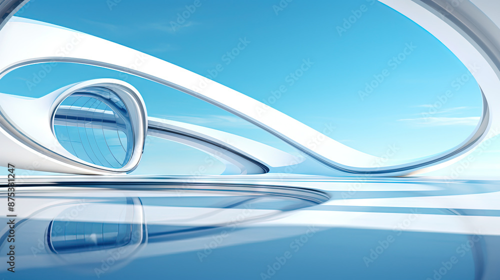Poster Abstract architecture scene with smooth curves. Abstract background with futuristic building in white and blue colors.
