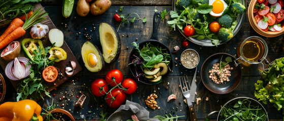 A vibrant spread of fresh, colorful vegetables and herbs arranged artistically on a rustic wooden table, ready for a healthy, delicious meal.