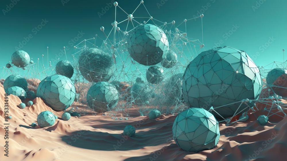 Poster Abstract scfi-fi landscape with connected 3D balls and molecular grid structure. Futuristic surreal abstraction.
