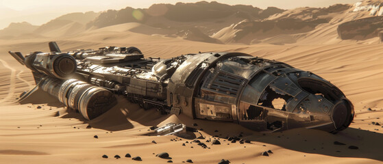 A derelict spaceship partially buried in the sand, with towering dunes and a dramatic, moody sky in the background.