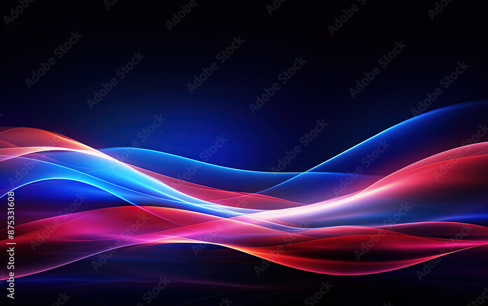 Poster vibrant abstract blue and red waveform with fluid motion and colorful gradients.