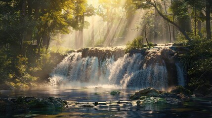 Beautiful waterfall surrounded by trees and rocks landscape