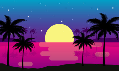 Scenery beach at sunset with sun and palm silhouette