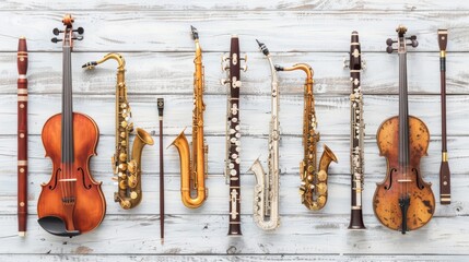 Fototapeta premium A row of musical instruments including a violin, cello and saxophone, on a white painted wooden board.