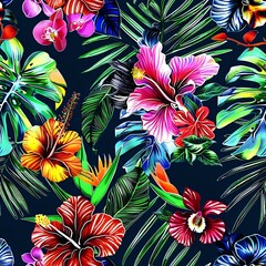 Tropical Floral and Leaf Grid Textured Background