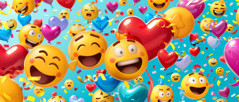 Smiling emojis burst into a sky filled with hearts and confetti, expressing boundless excitement and joy.