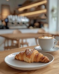 a croissant sits on a plate next to a cup of coffee