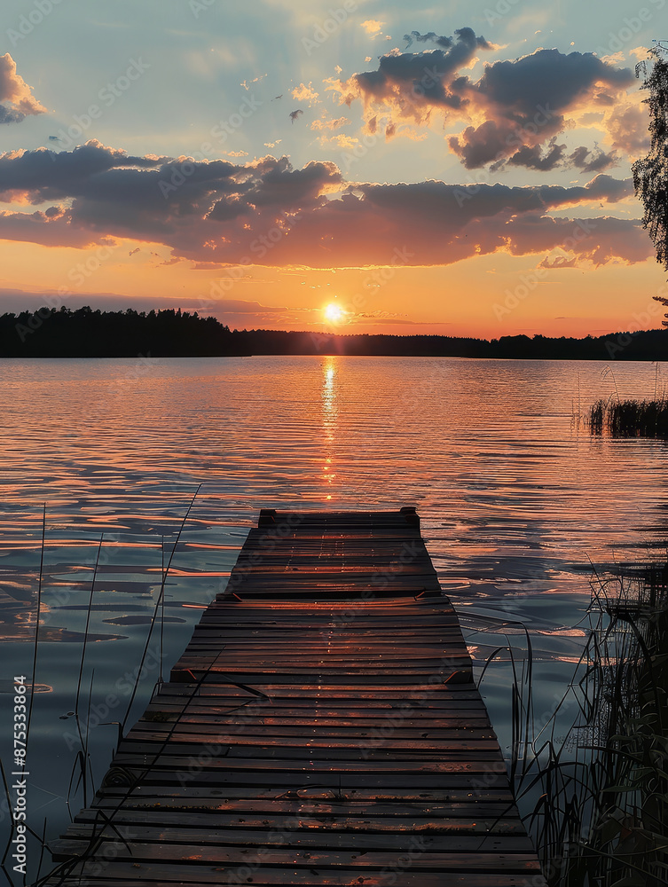 Wall mural Serene sunset over a tranquil lake with a wooden pier in a relaxing summer landscape. The image features a peaceful scene with a glowing sky,reflections on the calm water. - Serene sunset over a tranq