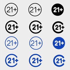 21 plus years old sign. Adults content icon. Colored round buttons. Flat design circle icons set. Vector

