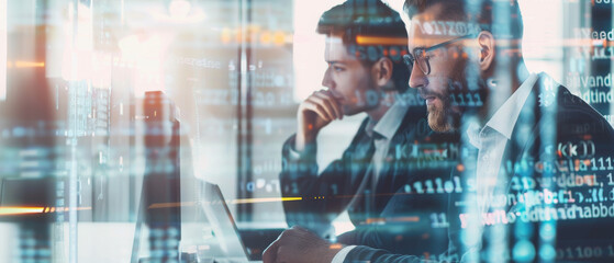 Two focused individuals work intensely on laptops, with overlaid digital coding elements suggesting a tech environment.