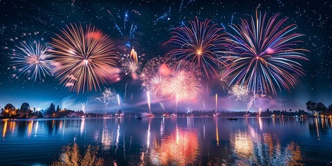 Fireworks Display Over Water at Night.