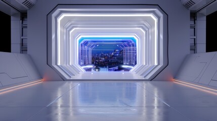 A high-tech stage with futuristic digital screens and modern lighting. The innovative atmosphere of a modern expo hall stage featuring the latest technology trends.