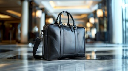 Business Traveler Luggage: A luxury, professional-looking suitcase, luggage, set against a modern office building or airport lounge backdrop. 