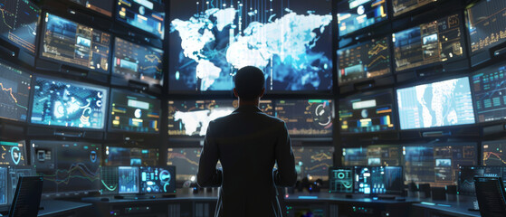 A business professional stands amidst an array of screens displaying global data and analytics, creating a hub of modern technological intelligence.