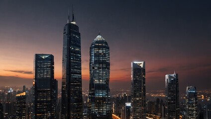 Obraz premium The heart of a metropolis cloaked in perpetual twilight, sleek skyscrapers glisten with the promise of tomorrow's technology ai_generated