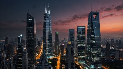 Obraz premium The heart of a metropolis cloaked in perpetual twilight, sleek skyscrapers glisten with the promise of tomorrow's technology ai_generated