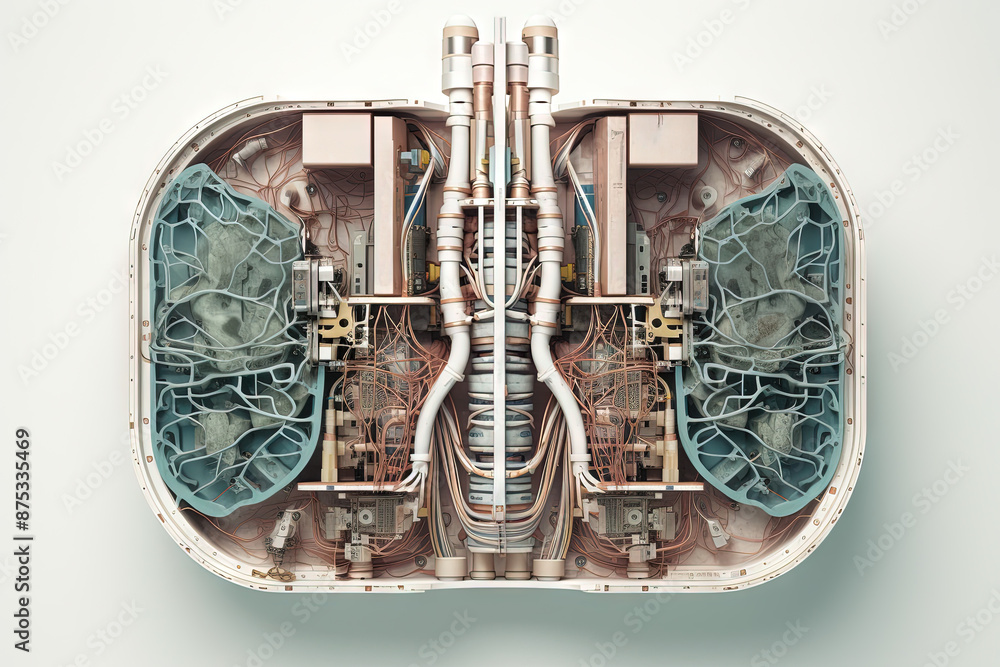 Poster Artificial implant science concept with technological AI lungs on the circuit board.