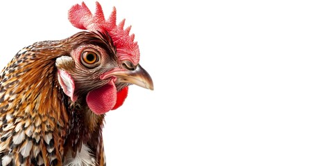 Brown Feathered Hen with Red Comb on White Background. Concept Feathered Hen, Red Comb, White Background, Farm Animal Portrait