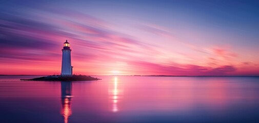 Fototapeta premium Enchanting sunset scene with a lighthouse, long exposure light painting, and reflections on the water, under a peaceful sky with blue and red clouds
