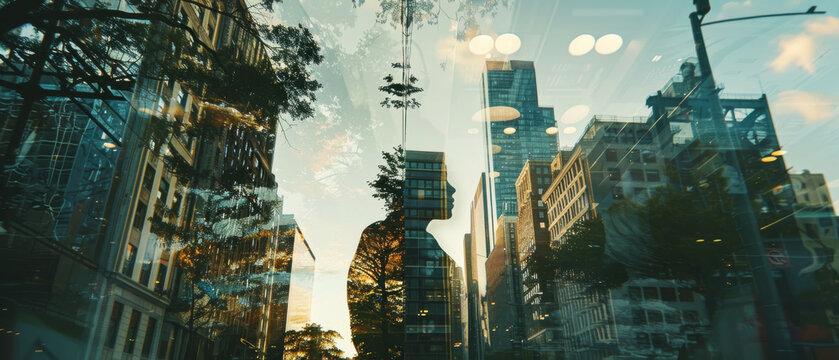 An artistic silhouette of a man overlaid with reflections of urban buildings, capturing a blend of nature and the city's architectural essence in a conceptual photograph.