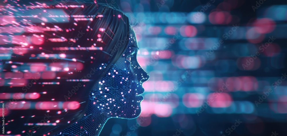 Fototapete 3d rendering of a digital human head with a cybernetic circuit board background, featuring a sci-fi 