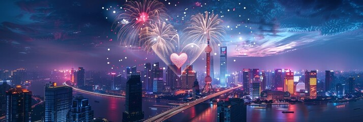 Breathtaking display of heart-shaped fireworks cascading across the night sky,illuminating the city skyline below during an Independence Day - Breathtaking display of heart-shaped fireworks cascading 