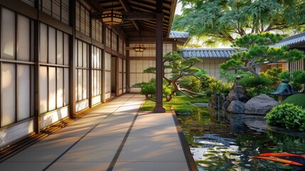Fototapeta premium A traditional Japanese samurai residence with sliding paper doors and a peaceful garden with a koi pond and bonsai trees.