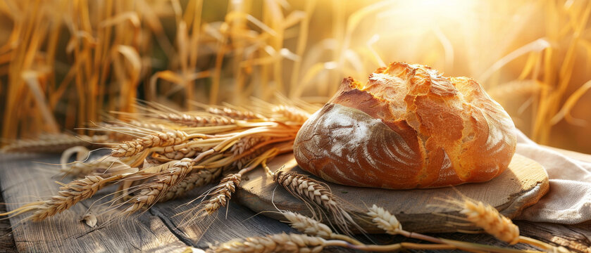 A golden-crusted bread loaf sits on a rustic wooden board amidst golden wheat under warm sunlight, evoking fresh harvest and homely warmth.