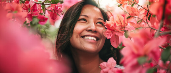 Fototapeta premium A joyful woman smiles amidst a sea of vibrant pink flowers, capturing a moment of bliss and connection with nature.
