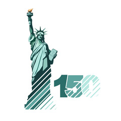 Obraz premium Statue of Liberty monument, poster, 150 years. July 4, USA Independence Day. Green flat design, stripes, background. Holiday, welcome to America, USA. New York symbol, liberty. Vector illustration