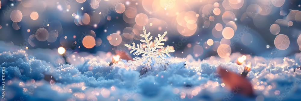 Poster real snowdrift with acrylic crystals, snowflakes on snow with bokeh of christmas lights - this image