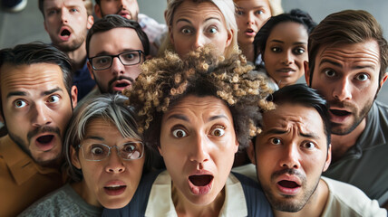 candid group portrait of surprised people looking towards the center of the frame.generative ai