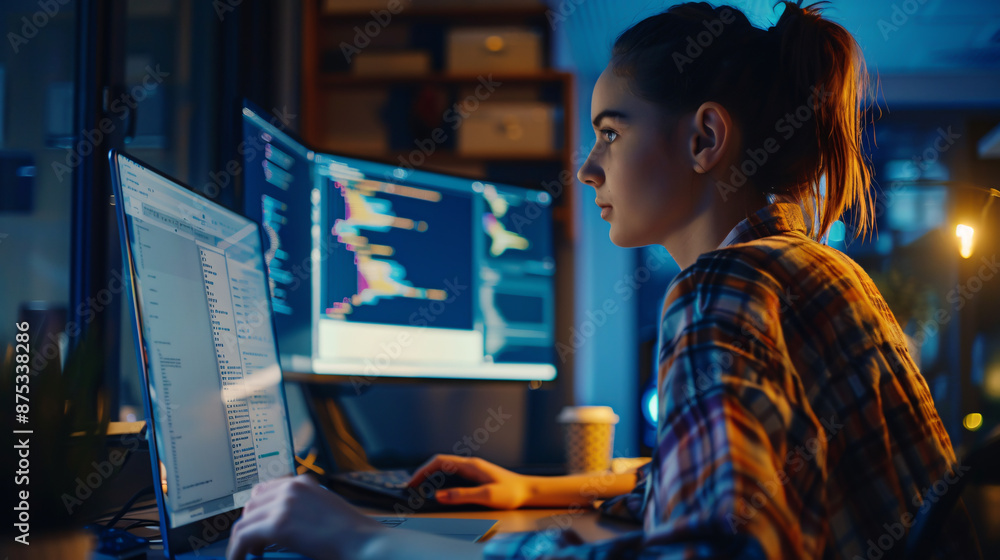 Aufkleber a female junior software engineer writes code on a desktop computer with two monitors and a laptop i
